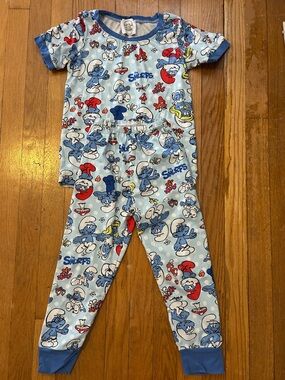 Smurfs-Print Light Blue Kids Pajama Set - Short Sleeve Top & Pants